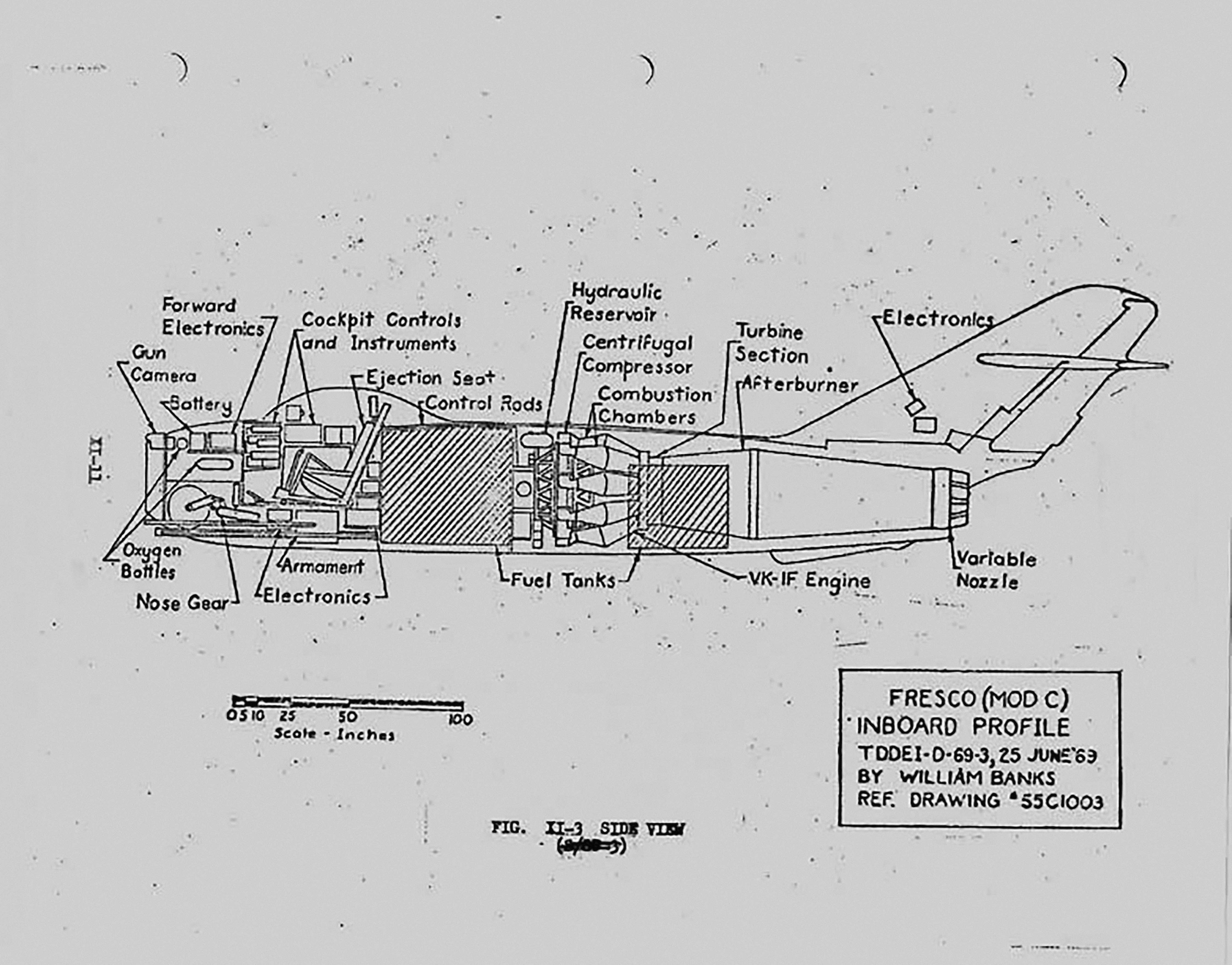A technical cutaway drawing showing the inboard profile of a MiG-17 Fresco fighter jet. The diagram labels key internal components, including the engine, fuel tanks, cockpit, and armament.
